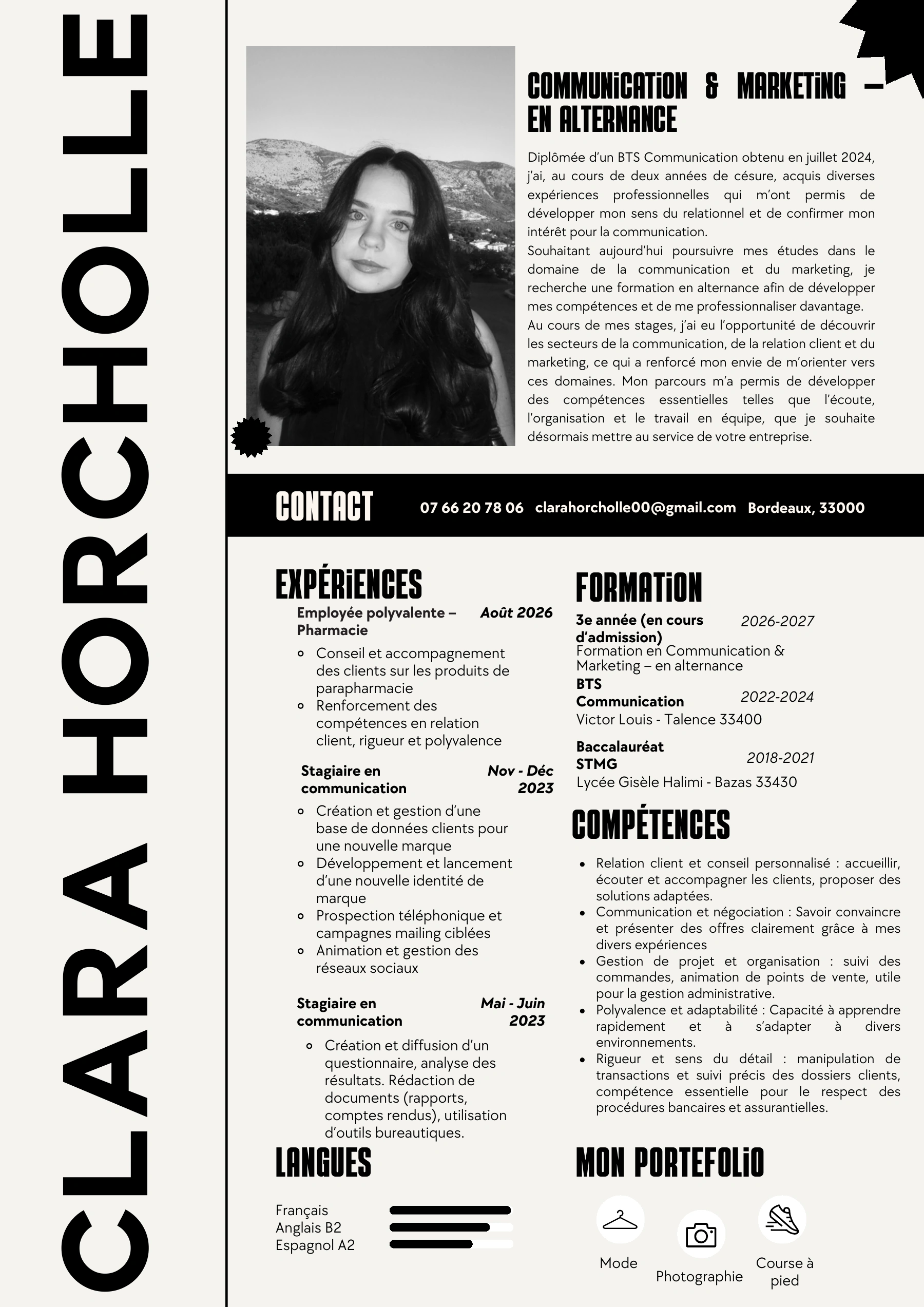 CV de Clara Horcholle — parcours, contact, expériences, formation et compétences — page 1 sur 2